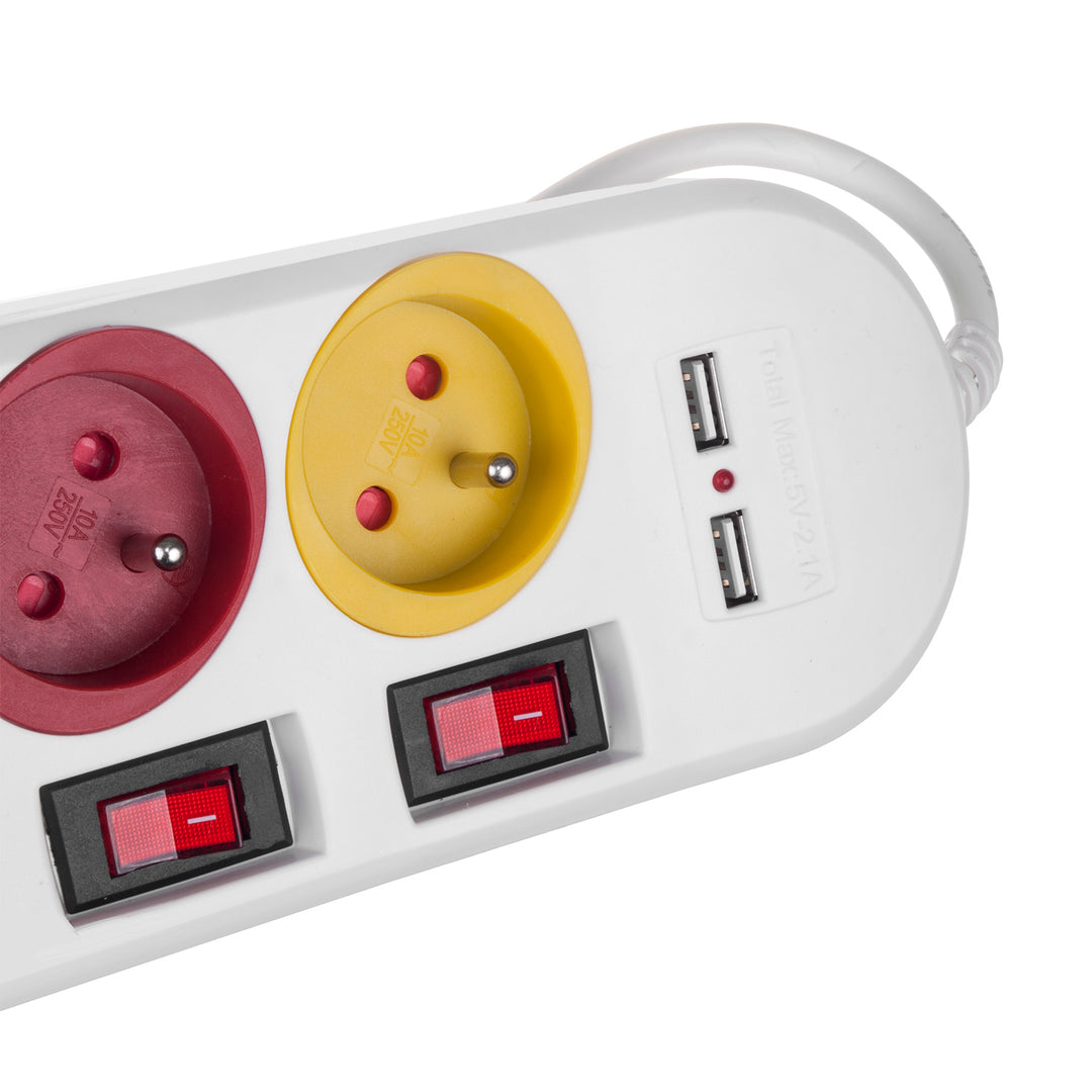 Maclean hálózati szalag, 4 csatlakozós hosszabbító kábel + 2xUSB, kapcsolókkal, 250VAC/10A, 2.1A 5V, 1.5m, fehér, MCE229 W