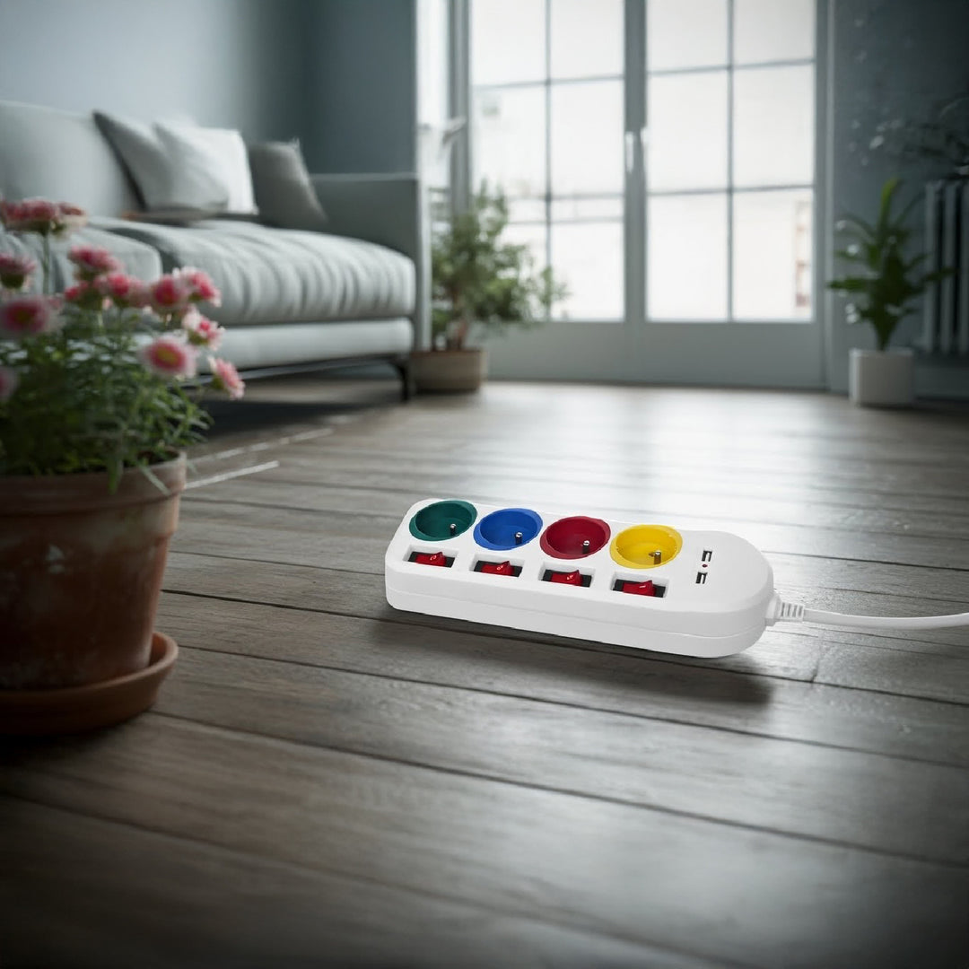 Maclean hálózati szalag, 4 csatlakozós hosszabbító kábel + 2xUSB, kapcsolókkal, 250VAC/10A, 2.1A 5V, 1.5m, fehér, MCE229 W