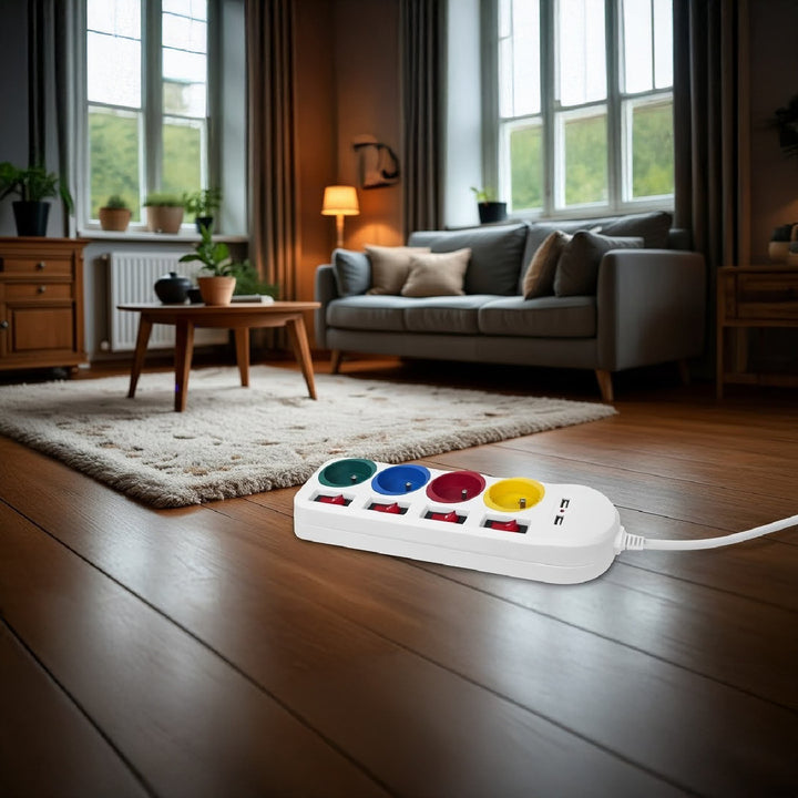 Maclean hálózati szalag, 4 csatlakozós hosszabbító kábel + 2xUSB, kapcsolókkal, 250VAC/10A, 2.1A 5V, 1.5m, fehér, MCE229 W