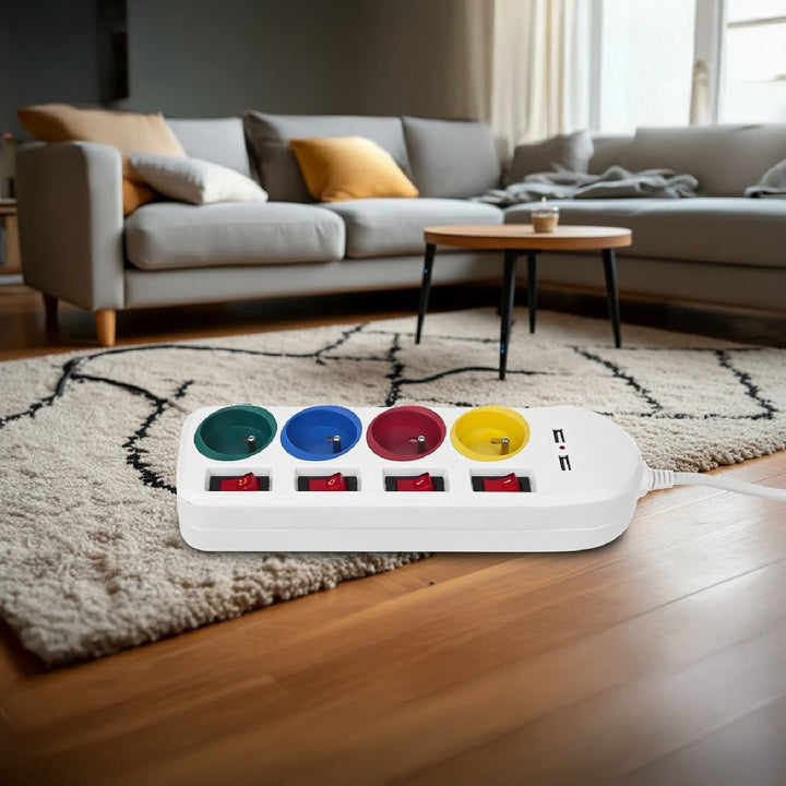 Maclean hálózati szalag, 4 csatlakozós hosszabbító kábel + 2xUSB, kapcsolókkal, 250VAC/10A, 2.1A 5V, 1.5m, fehér, MCE229 W