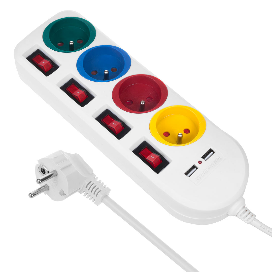 Maclean hálózati szalag, 4 csatlakozós hosszabbító kábel + 2xUSB, kapcsolókkal, 250VAC/10A, 2.1A 5V, 1.5m, fehér, MCE229 W