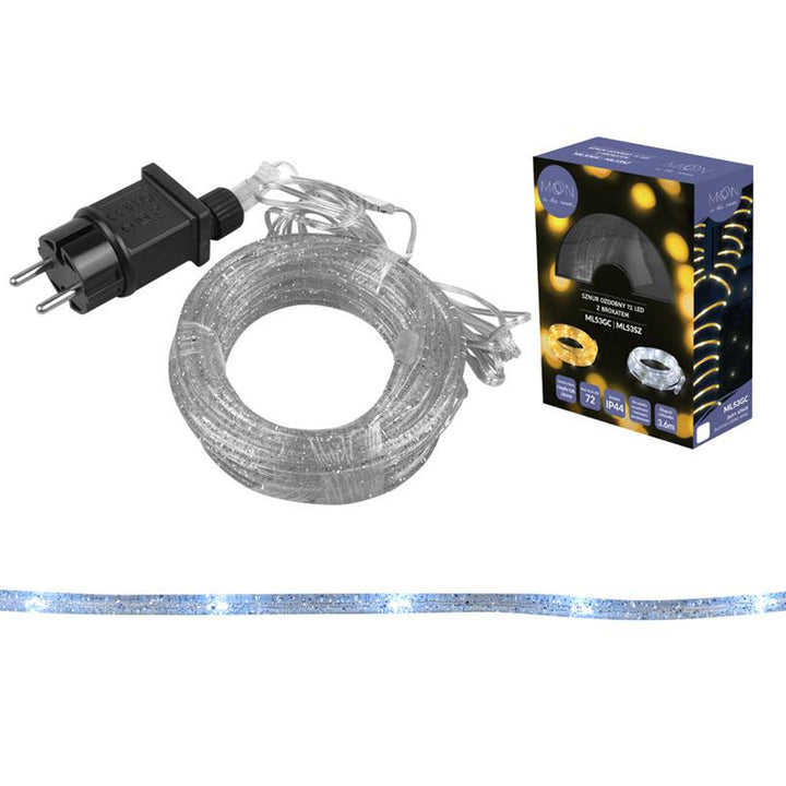 ML53SZ 72 LED 3,6m-es, csillogó ezüst hidegfehér színű dekoratív kábel IP44 IP44