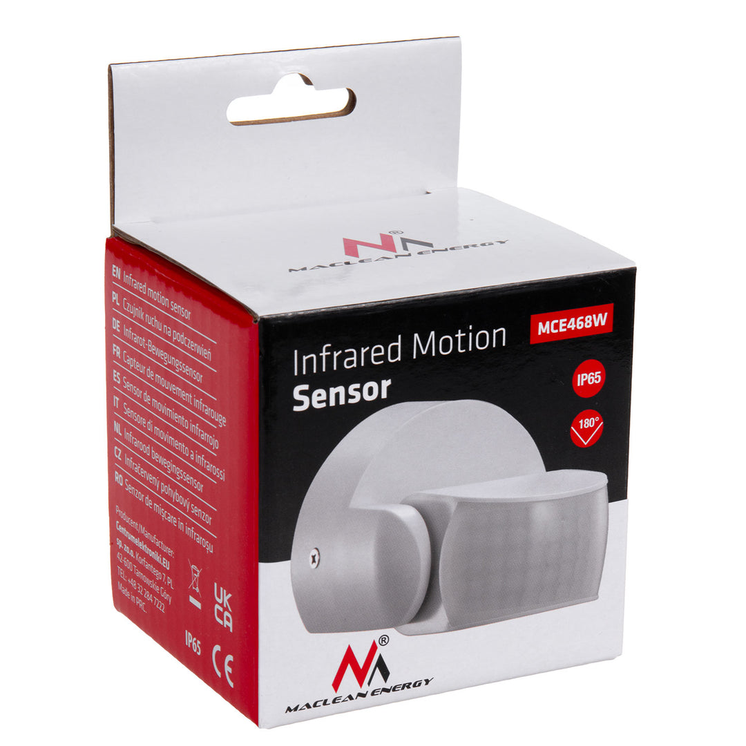 Maclean PIR mozgásérzékelő, infravörös, IP65, fehér, hatótávolság 12 m, max. terhelés 600/1200 W, MCE468 W