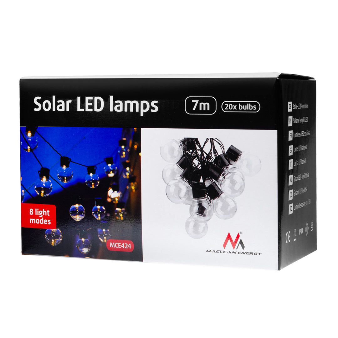 Napkollektoros kerti füzér LED 2in1 Maclean, IP44, 3W, 10lm, 3000K, újratölthető akkumulátor 2*600 mAh, 5V DC, 7m, MCE424