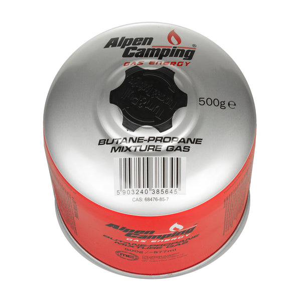 2x 500g Alpen Camping gázpatron. Tanúsítvány: Pi 0437, EN417 szerint, propán-bután, -10°c és +40°c közötti tartomány, 7/16" szelep IK008