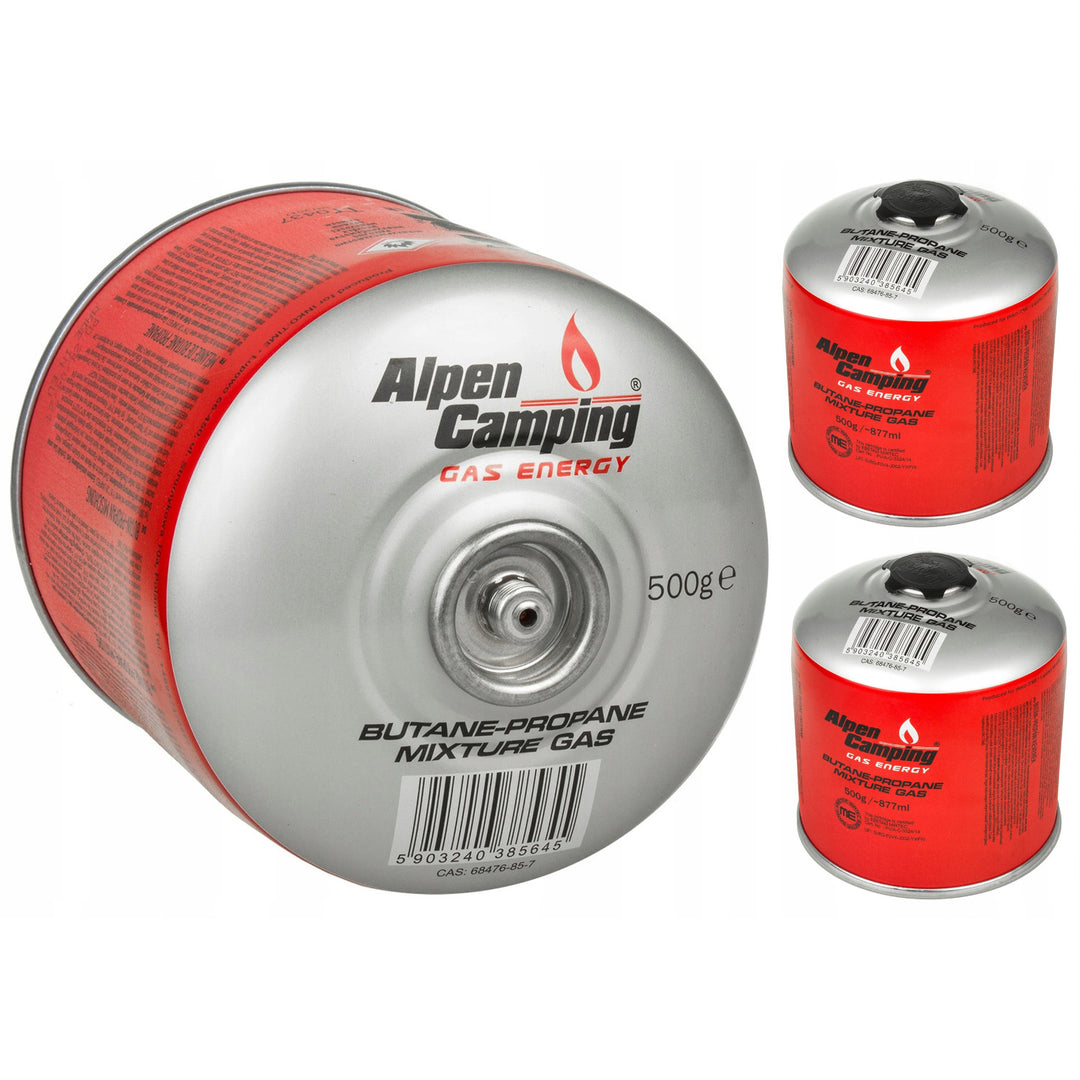 3x Alpen Camping 500g gázpatron. Tanúsítvány: Pi 0437, EN417 szerint, propán-bután, -10°c és + 40°c közötti tartomány, 7/16" szelep IK008