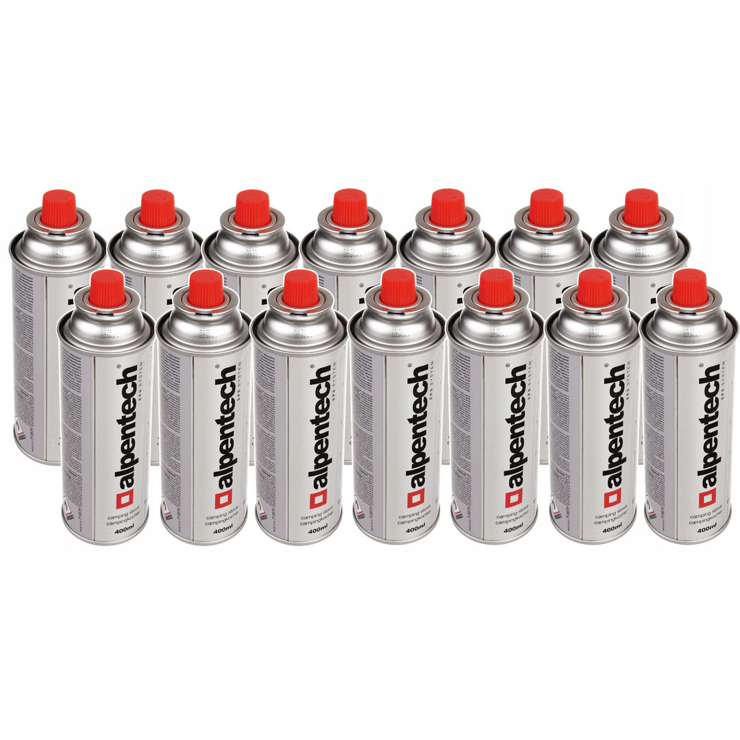 14x 380ml Alpentech gázpatron, tanúsítás: Pi 0875, megfelel az EN521 szabványnak, bután, működési tartomány -10°C és + 40°C között, IK300