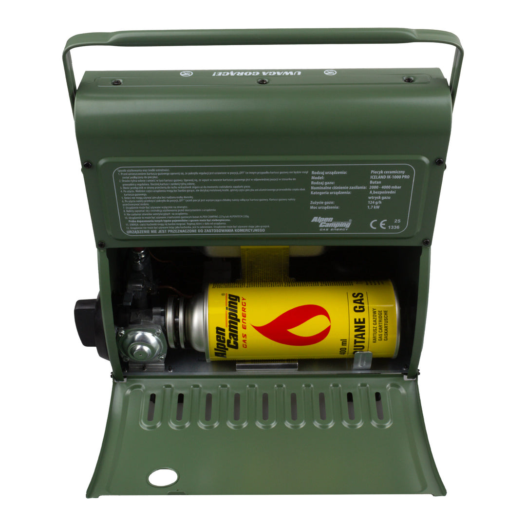 Alpen Camping hordozható gáztűzhely, gázfogyasztás 124g/h, piezo gyújtás, IK-1000 PRO, ICELAND + 4 patron