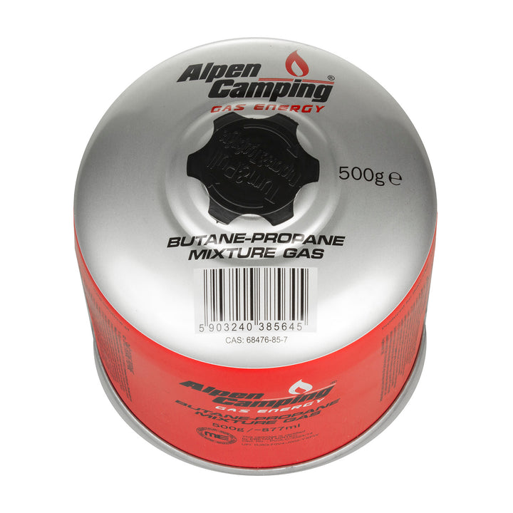 6x Alpen Camping 500g gázpatron. Tanúsítvány: Pi 0437, EN417 szerint, propán-bután, -10°c és + 40°c közötti tartomány, 7/16" szelep IK008