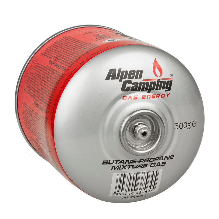 6x Alpen Camping 500g gázpatron. Tanúsítvány: Pi 0437, EN417 szerint, propán-bután, -10°c és + 40°c közötti tartomány, 7/16" szelep IK008