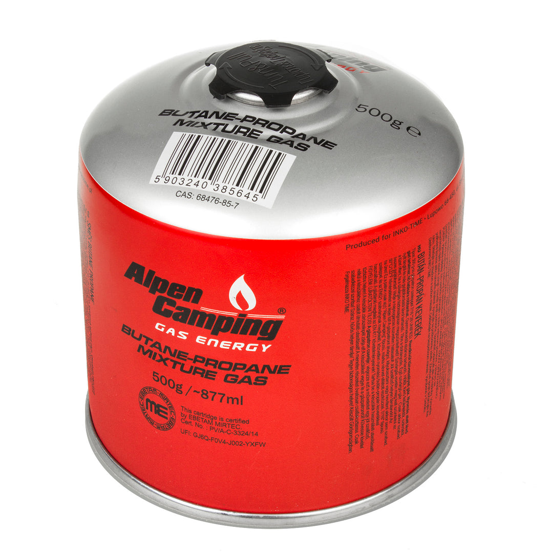 6x Alpen Camping 500g gázpatron. Tanúsítvány: Pi 0437, EN417 szerint, propán-bután, -10°c és + 40°c közötti tartomány, 7/16" szelep IK008