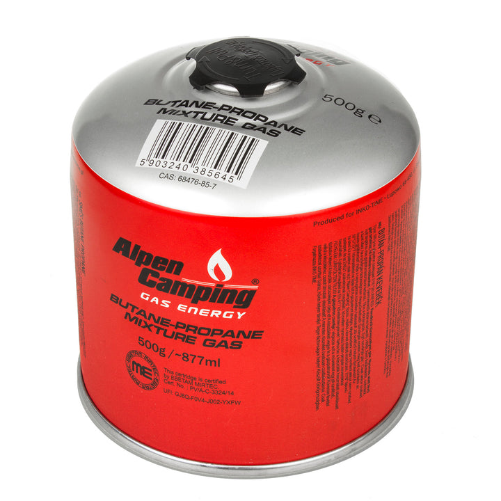 6x Alpen Camping 500g gázpatron. Tanúsítvány: Pi 0437, EN417 szerint, propán-bután, -10°c és + 40°c közötti tartomány, 7/16" szelep IK008