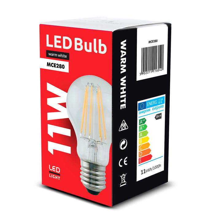 6x LED izzó izzó Maclean, E27, 11W, 230V, WW meleg fehér 3000K, 1500lm Retro edison dekoratív A60, MCE280