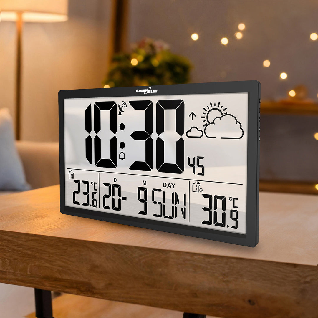 GreenBlue extra nagyméretű LCD falióra, hőmérséklet, dátum, GB218