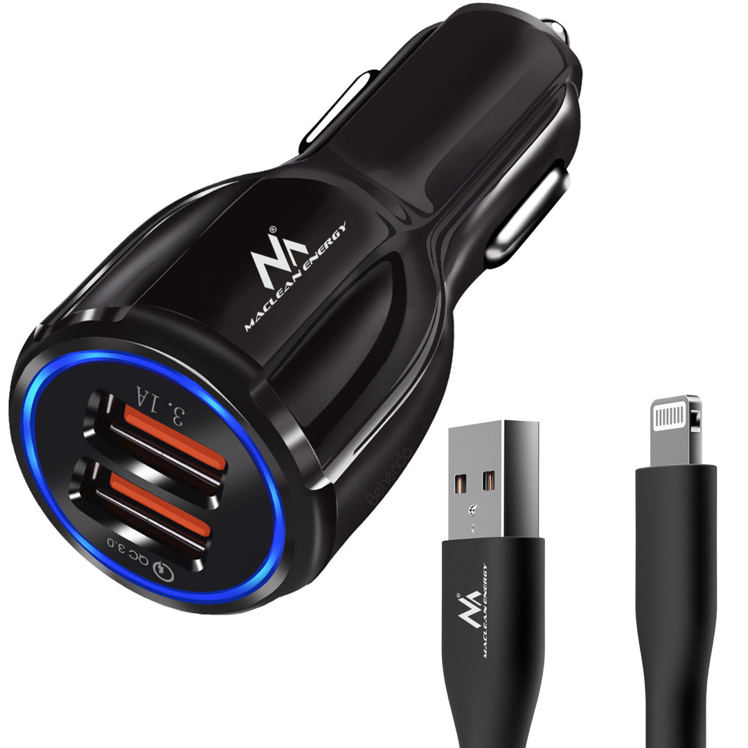 Maclean autós töltő, Qualcomm Quick Charge, QC 3.0 - 5V/3A, 9V/1.8A, 12V/1.6A, 5V/3.1A aljzat USB Lightning kábellel