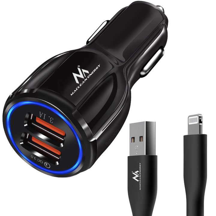 Maclean autós töltő, Qualcomm Quick Charge, QC 3.0 - 5V/3A, 9V/1.8A, 12V/1.6A, 5V/3.1A aljzat USB Lightning kábellel