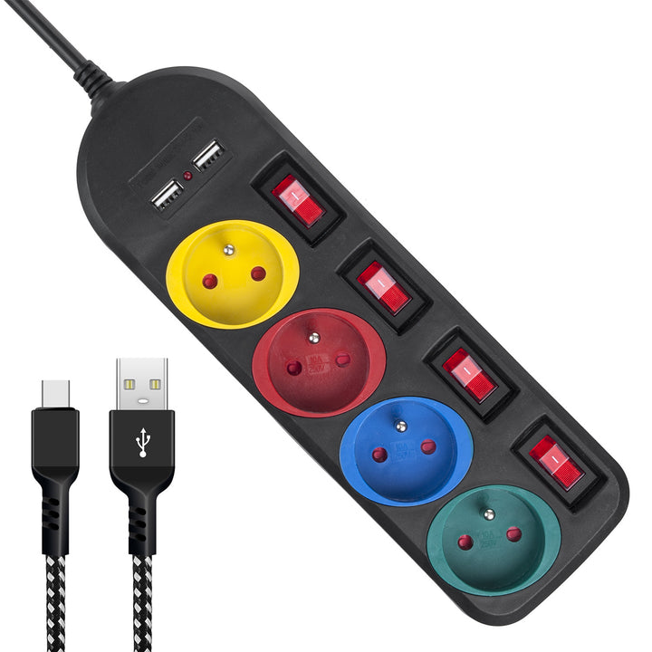 Maclean konnektor, 4 csatlakozós hosszabbító kábel + 2xUSB, kapcsolókkal, 250VAC/10A, 2.1A 5V, 1.5m, fehér, MCE229B + USB kábel MCE471