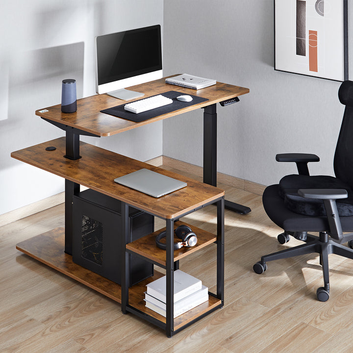 Ergo Office elektromos állítható magasságú íróasztal, max. 121 cm, max. 70 kg, asztallappal és polcokkal, állva és ülve, rusztikus barna, ER-450, 2 részes