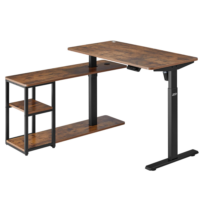 Ergo Office elektromos állítható magasságú íróasztal, max. 121 cm, max. 70 kg, asztallappal és polcokkal, állva és ülve, rusztikus barna, ER-450, 2 részes