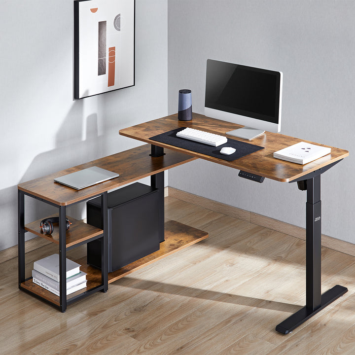 Ergo Office elektromos állítható magasságú íróasztal, max. 121 cm, max. 70 kg, asztallappal és polcokkal, állva és ülve, rusztikus barna, ER-450, 2 részes