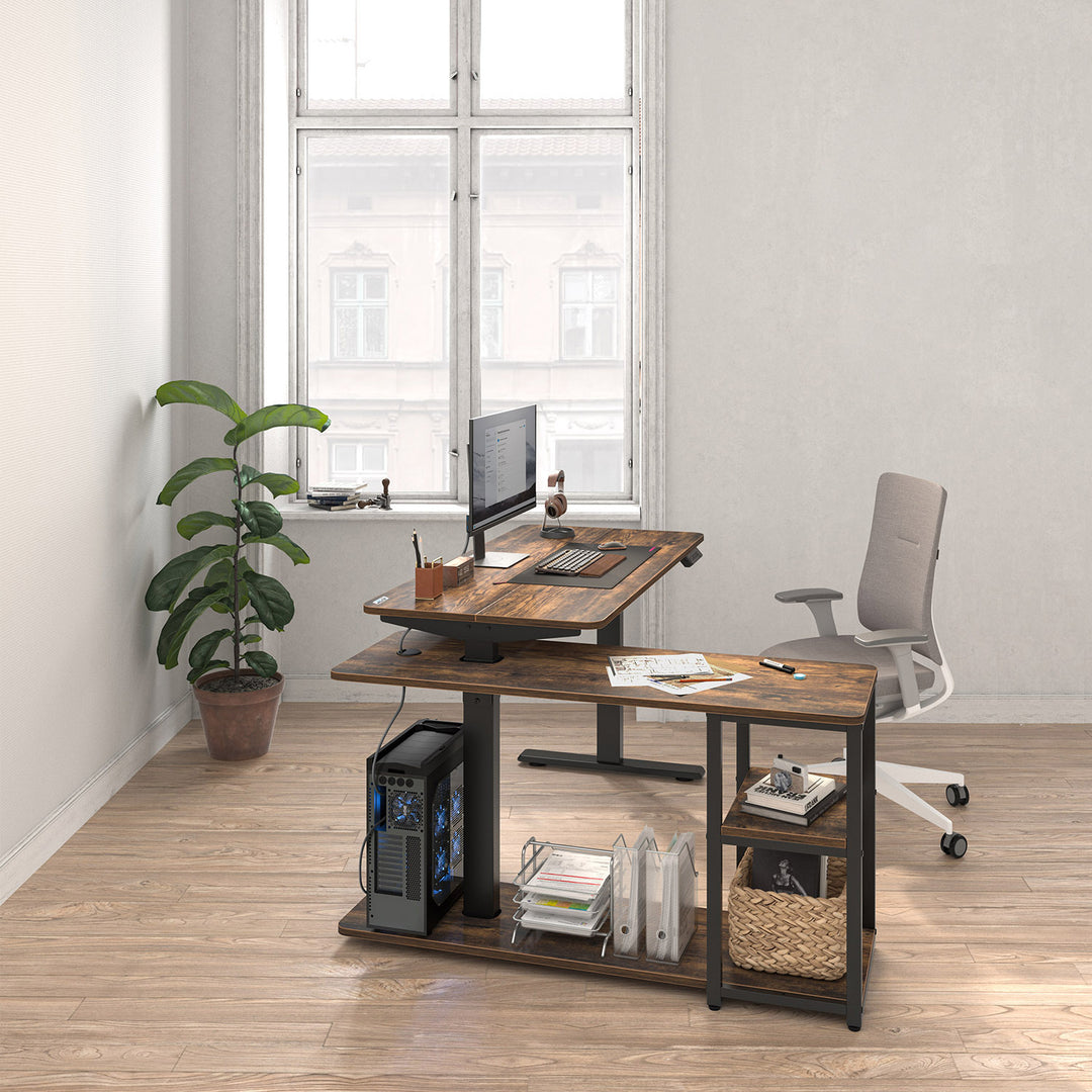 Ergo Office elektromos állítható magasságú íróasztal, max. 121 cm, max. 70 kg, asztallappal és polcokkal, állva és ülve, rusztikus barna, ER-450, 2 részes