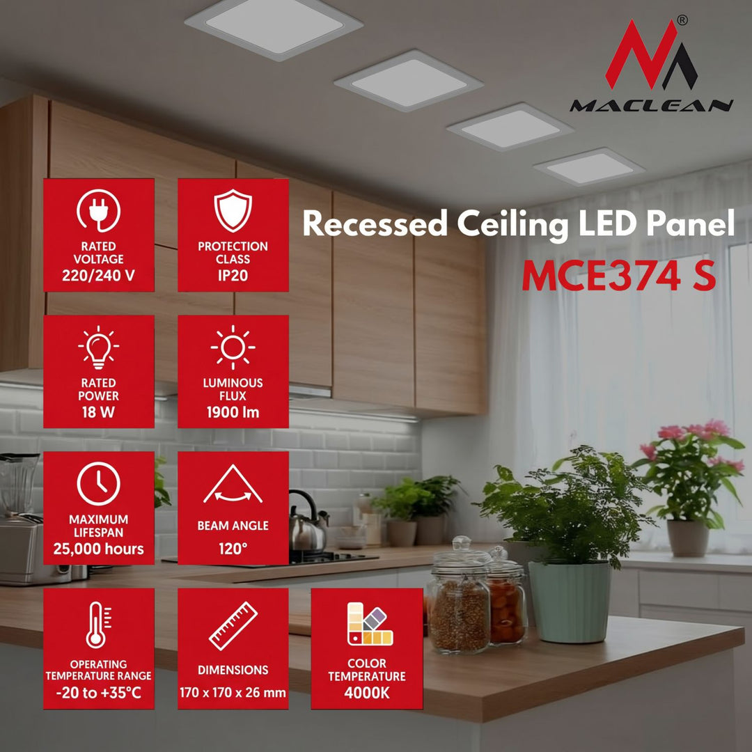 Maclean LED mennyezeti panel, beépíthető SLIM, 18W, semleges fehér 4000K, 170*170*26mm, 1900lm, MCE374 S
