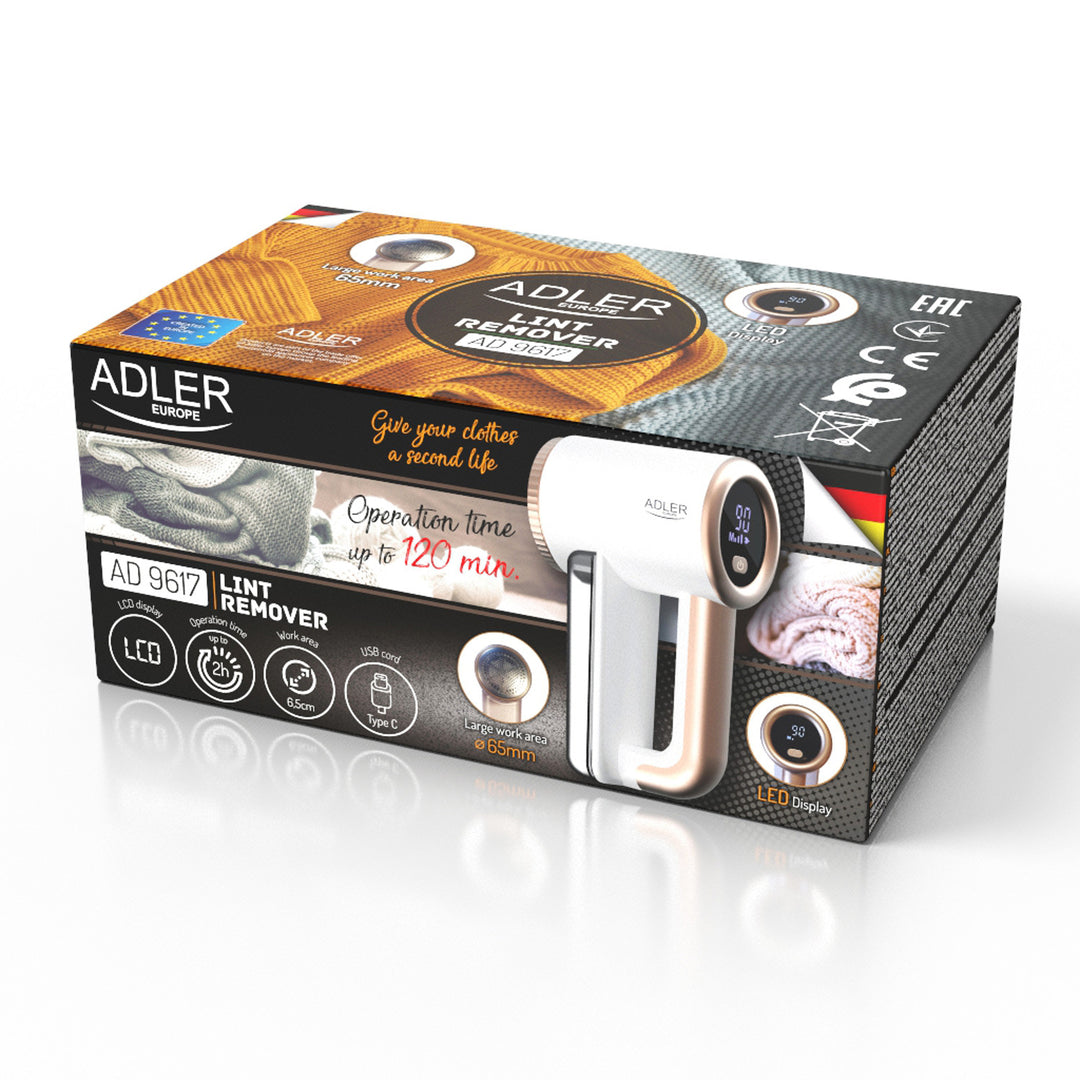 Adler textilborotva, USB töltés, LCD kijelző, 3 fokozatú sebesség, kefe, AD 9617