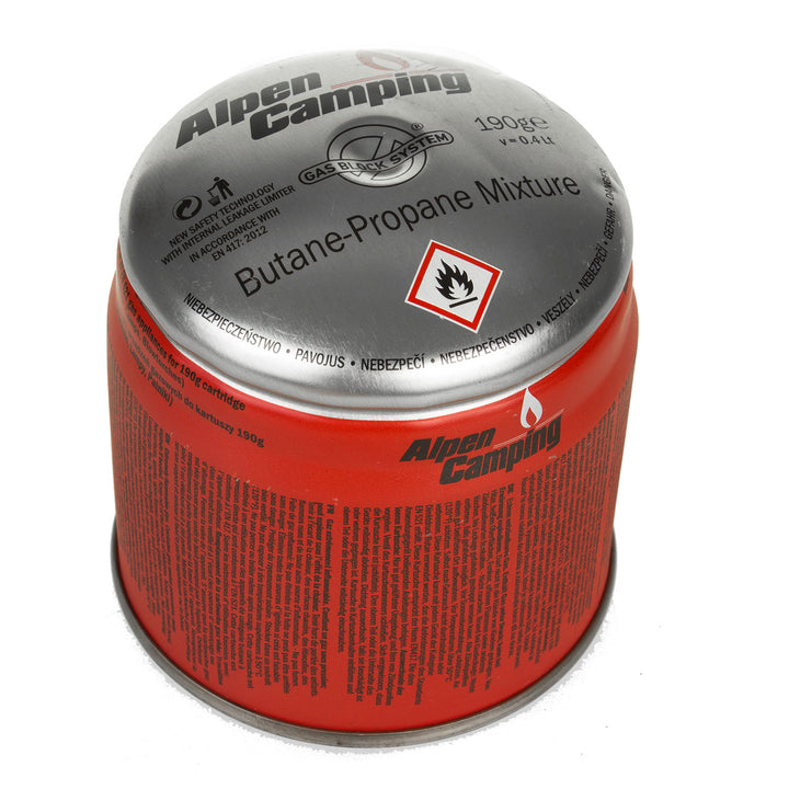 24x Alpen Camping 400ml gázpatron. Tanúsítvány: 40°c-ig, GAS STOP rendszer IK006, propán-bután, tartomány -10°c és + 40°c között.