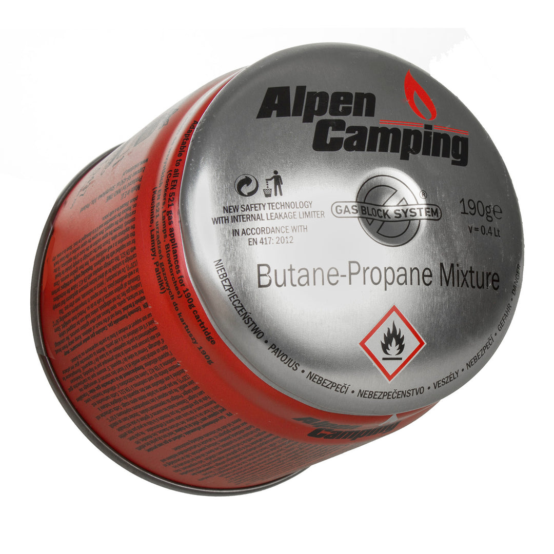 24x Alpen Camping 400ml gázpatron. Tanúsítvány: 40°c-ig, GAS STOP rendszer IK006, propán-bután, tartomány -10°c és + 40°c között.