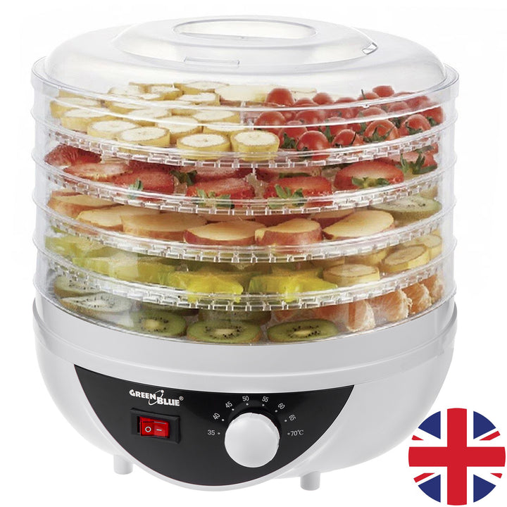 GreenBlue gomba-, zöldség- és gyümölcsszárító, 250W teljesítmény - nagyon csendes, GB195 UK csatlakozóval