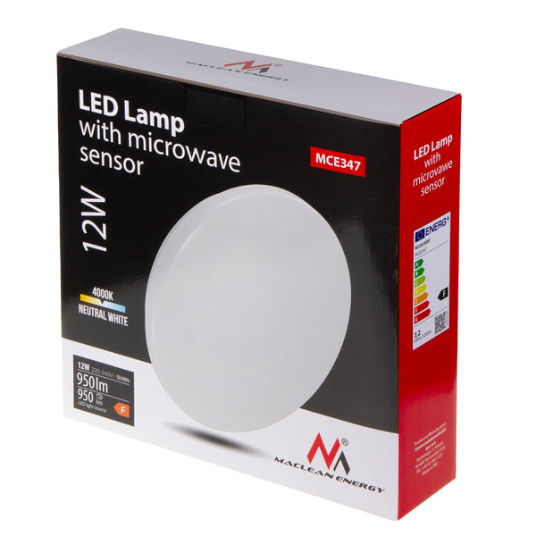 Maclean mennyezeti LED érzékelős lámpa, mikrohullámú érzékelő 5.8GHz, 4000K, 12W, 950lm, IP44, MCE347