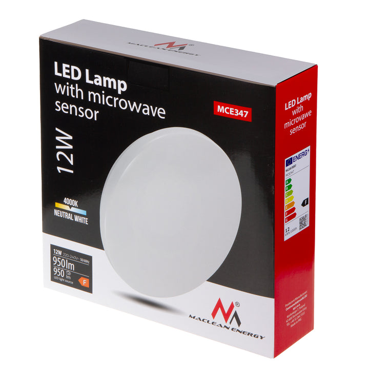 Maclean mennyezeti LED érzékelős lámpa, mikrohullámú érzékelő 5.8GHz, 4000K, 12W, 950lm, IP44, MCE347