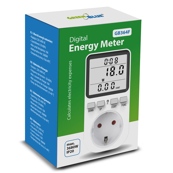 GreenBlue energiamérő, wattmérő, F típus, 220-240V AC, 50Hz, max. terhelés 16A, IP20, beépített akkumulátor, GB364 F