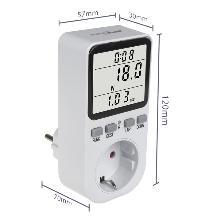 GreenBlue energiamérő, wattmérő, F típus, 220-240V AC, 50Hz, max. terhelés 16A, IP20, beépített akkumulátor, GB364 F