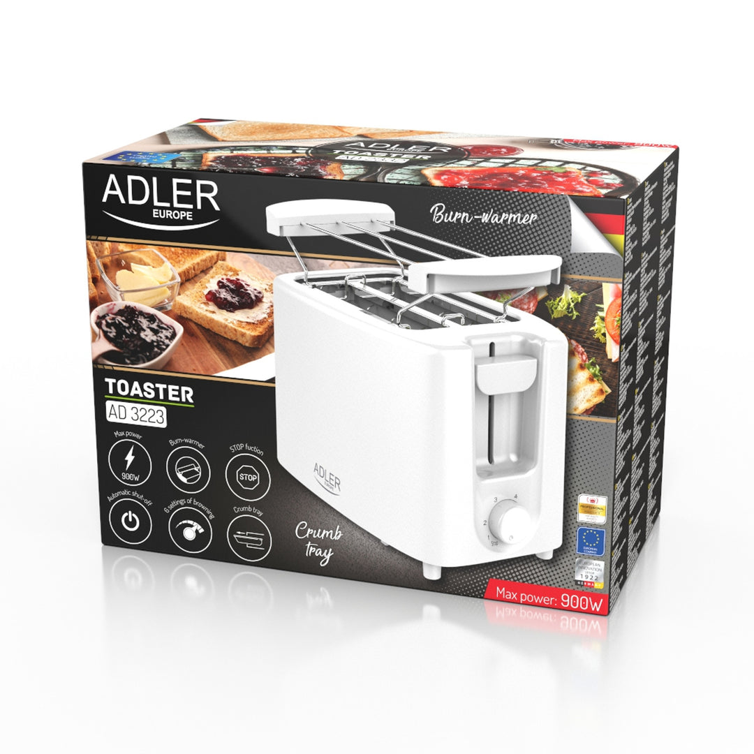Adler kenyérpirító, 6 fokozat, zsemlarács, 900W, fehér, AD 3223