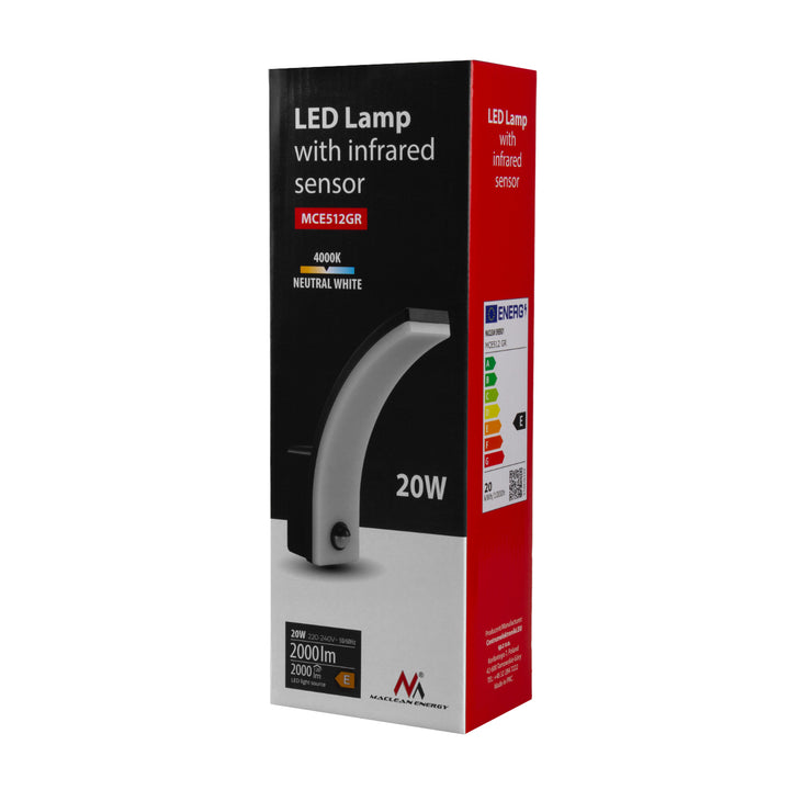 Maclean szürke 20W 2000lm IP65 4000K LED lámpa mozgásérzékelővel