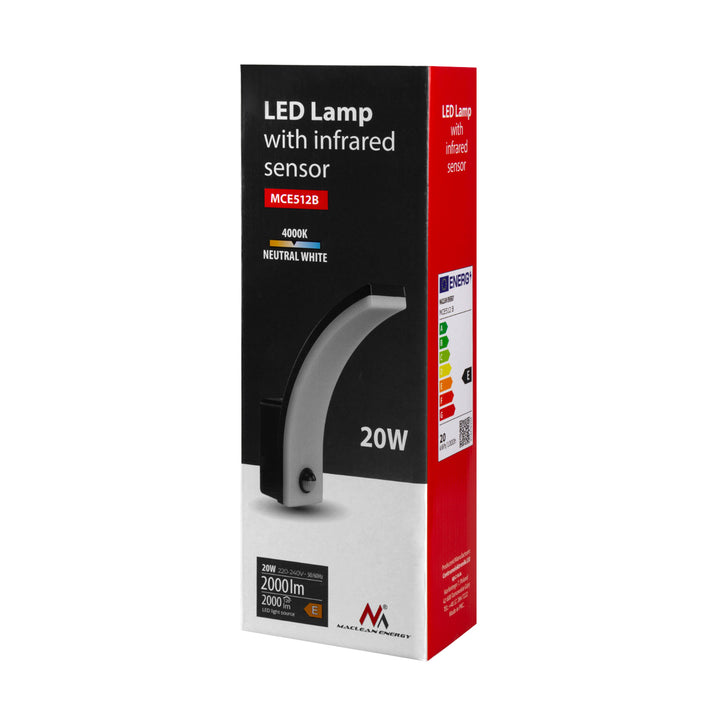 Maclean 20W mozgásérzékelős LED lámpa IP65 2000lm fekete 4000K