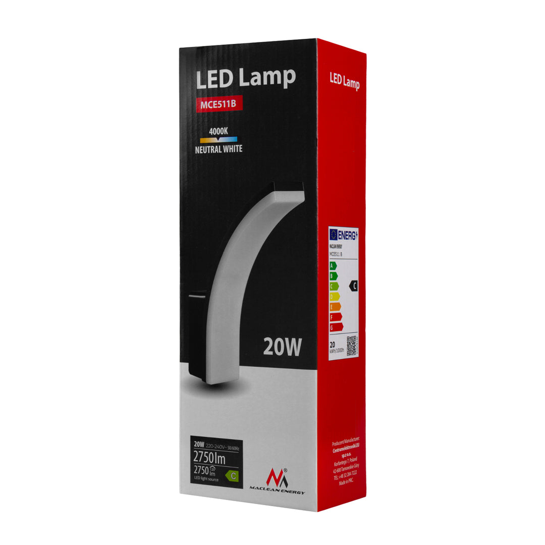 Maclean LED lámpa fekete 20W IP65 2750lm semleges fehér 4000K MCE511 B