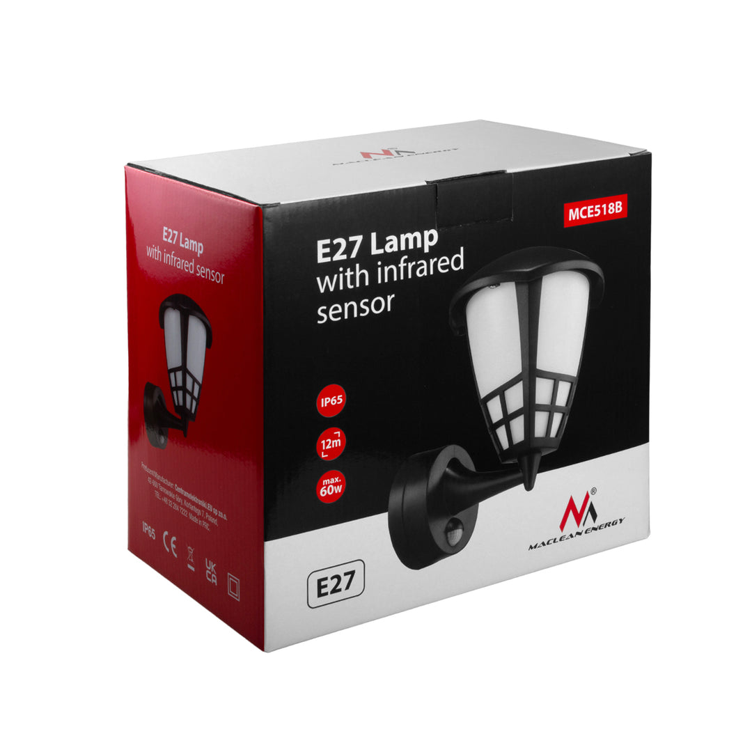 Fali lámpa érzékelővel Maclean MCE518 B 1xE27 fekete IP65 max 60W