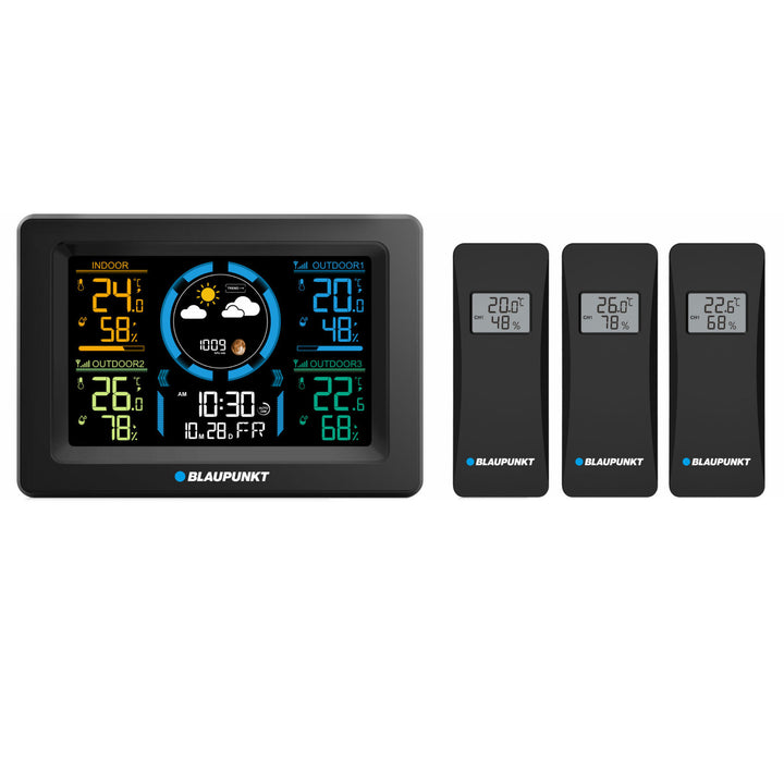 Blaupunkt időjárás-állomás, páratartalom-mérő, nyomás, előrejelzés, 3 érzékelő, WS40BK