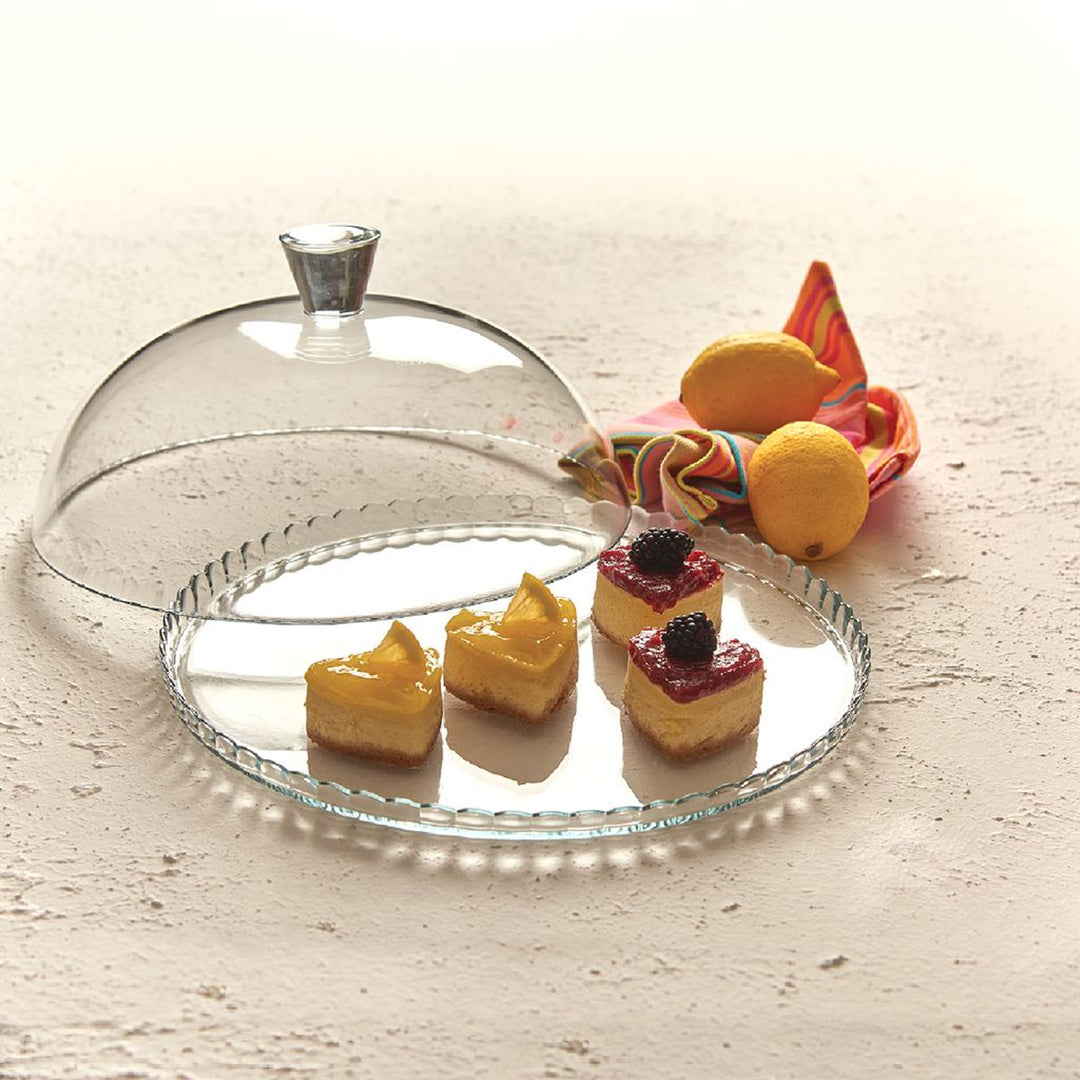 Pasabahce tálalótál, üveg, üvegárnyékolóval, 32 cm, Patisserie