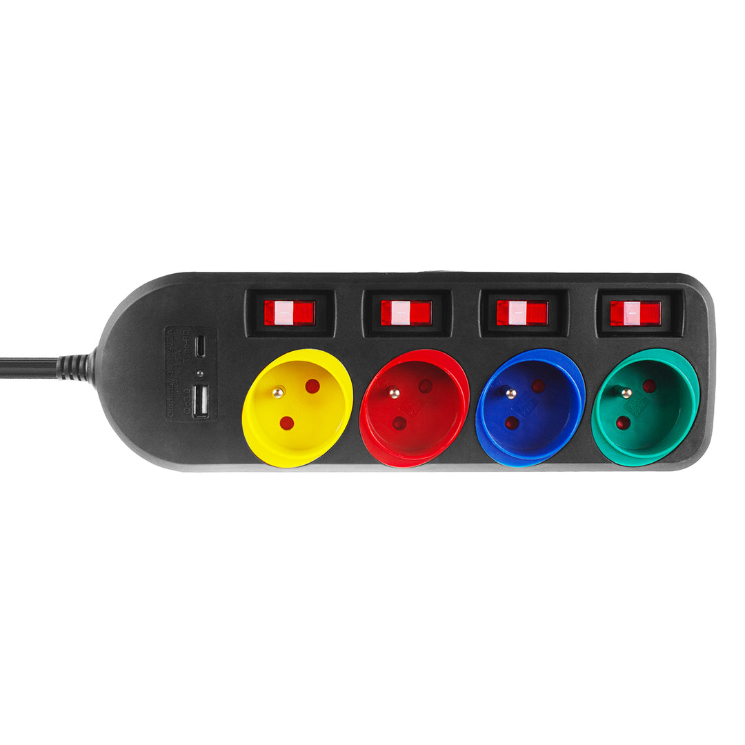 Maclean konnektor, 4 csatlakozós hosszabbító kábel + USB A/C, kapcsolókkal, 250VAC/10A, 1,5m, fekete, MCE508 B