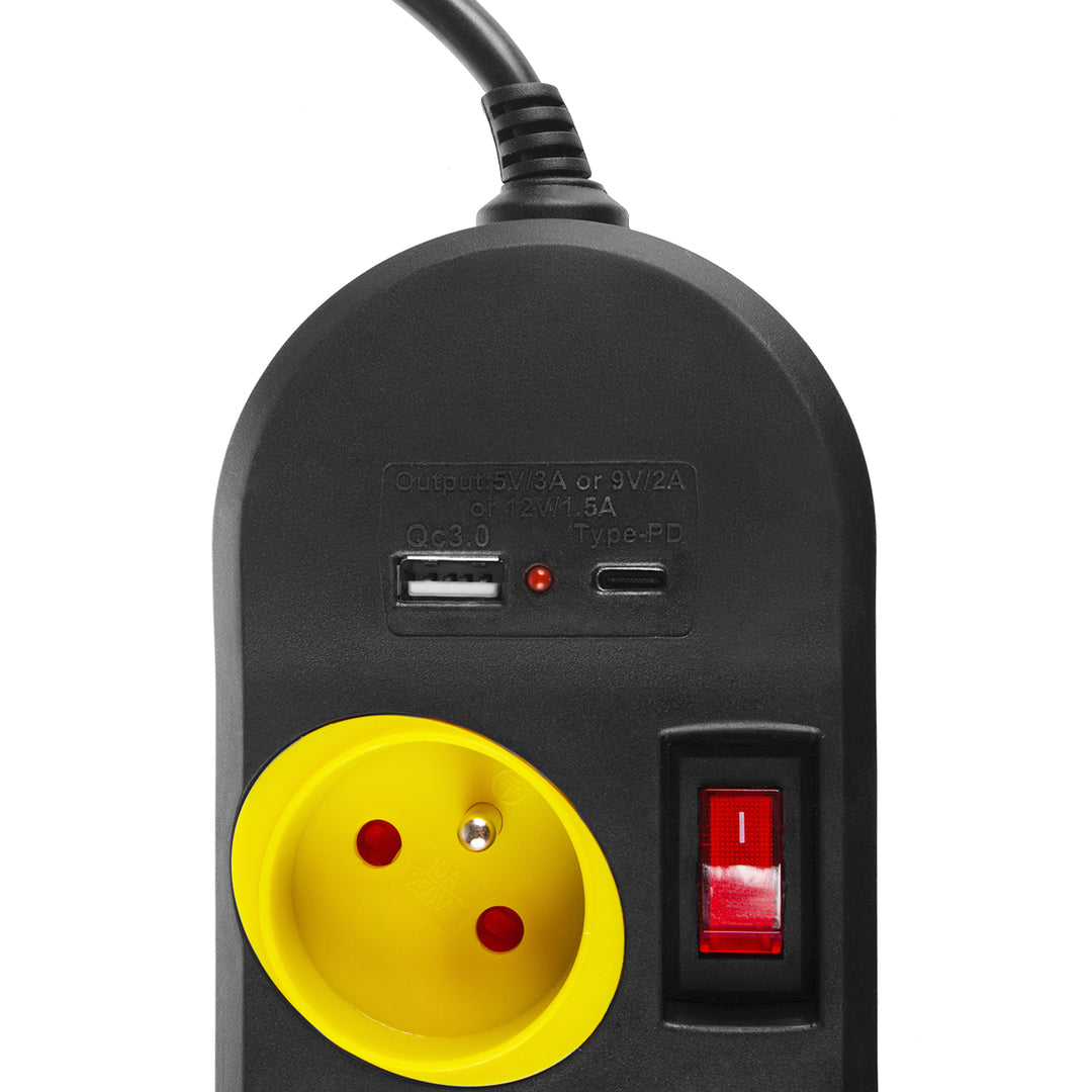 Maclean konnektor, 4 csatlakozós hosszabbító kábel + USB A/C, kapcsolókkal, 250VAC/10A, 1,5m, fekete, MCE508 B