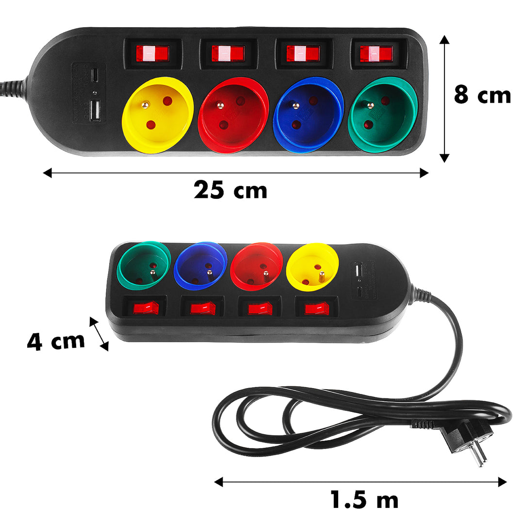 Maclean konnektor, 4 csatlakozós hosszabbító kábel + USB A/C, kapcsolókkal, 250VAC/10A, 1,5m, fekete, MCE508 B