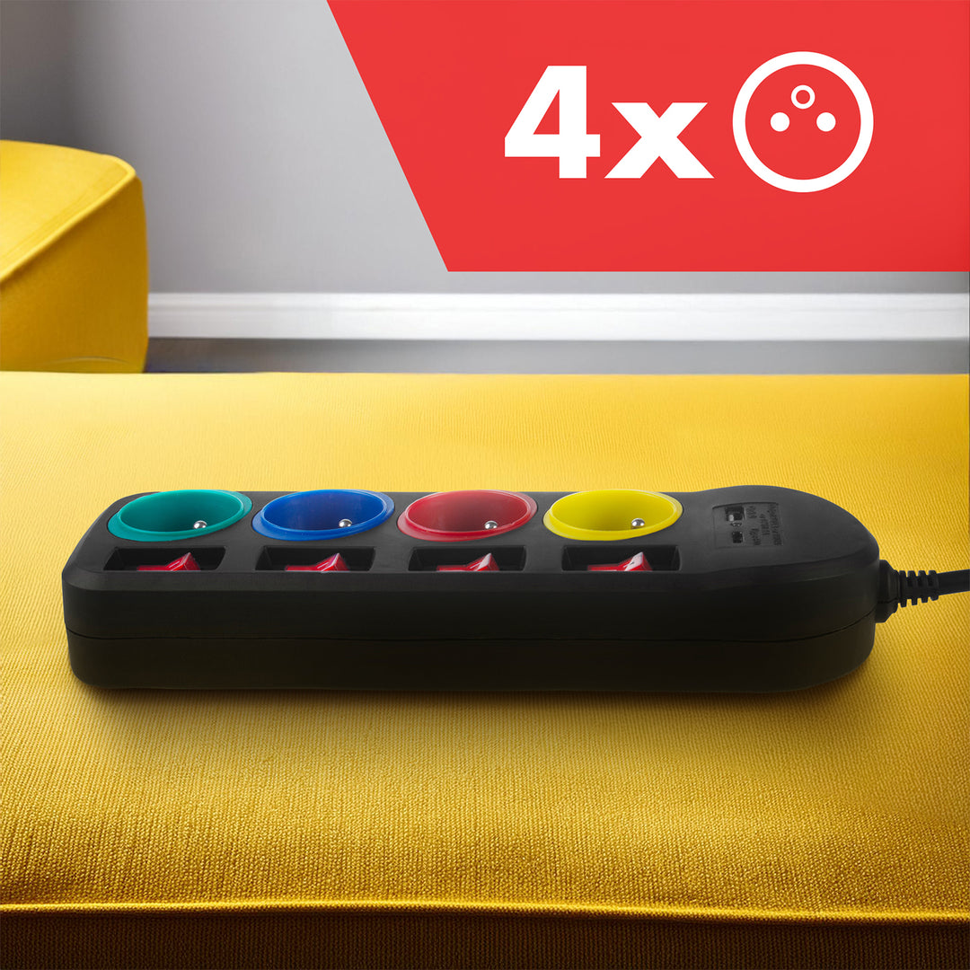 Maclean konnektor, 4 csatlakozós hosszabbító kábel + USB A/C, kapcsolókkal, 250VAC/10A, 1,5m, fekete, MCE508 B