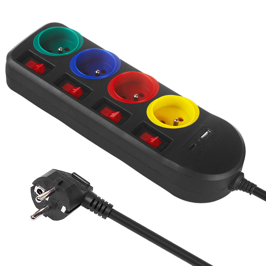 Maclean konnektor, 4 csatlakozós hosszabbító kábel + USB A/C, kapcsolókkal, 250VAC/10A, 1,5m, fekete, MCE508 B