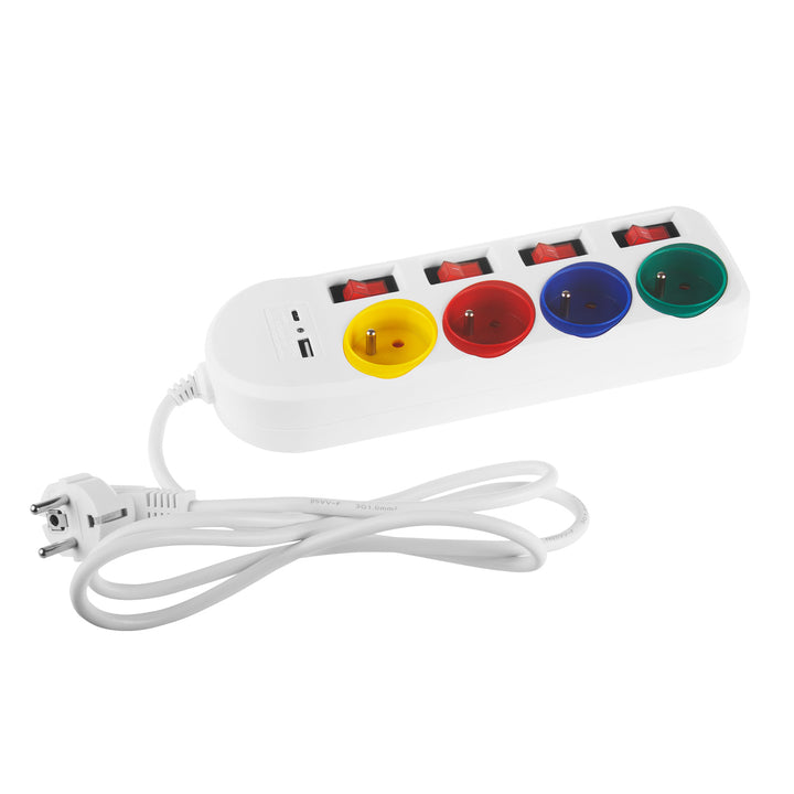 Maclean konnektor, 4 csatlakozós hosszabbító kábel + USB A/C, kapcsolókkal, 250VAC/10A, 1,5m, fehér, MCE508 W