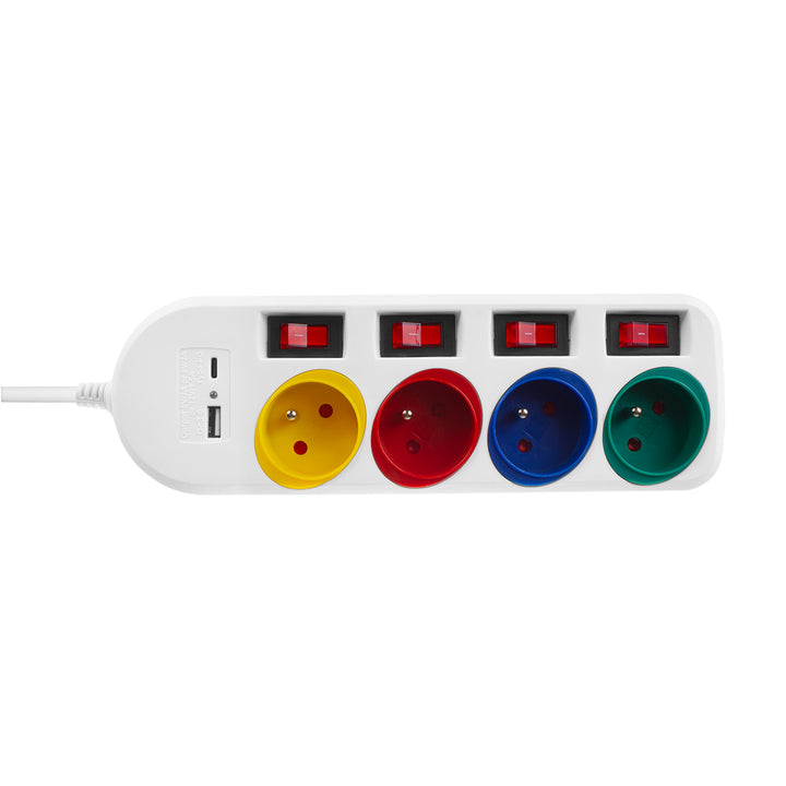 Maclean konnektor, 4 csatlakozós hosszabbító kábel + USB A/C, kapcsolókkal, 250VAC/10A, 1,5m, fehér, MCE508 W