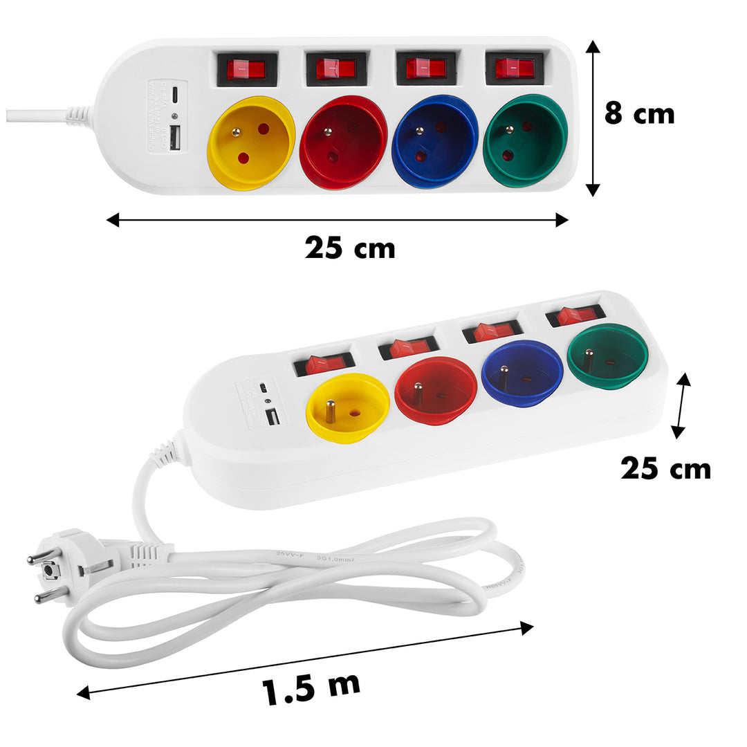 Maclean konnektor, 4 csatlakozós hosszabbító kábel + USB A/C, kapcsolókkal, 250VAC/10A, 1,5m, fehér, MCE508 W