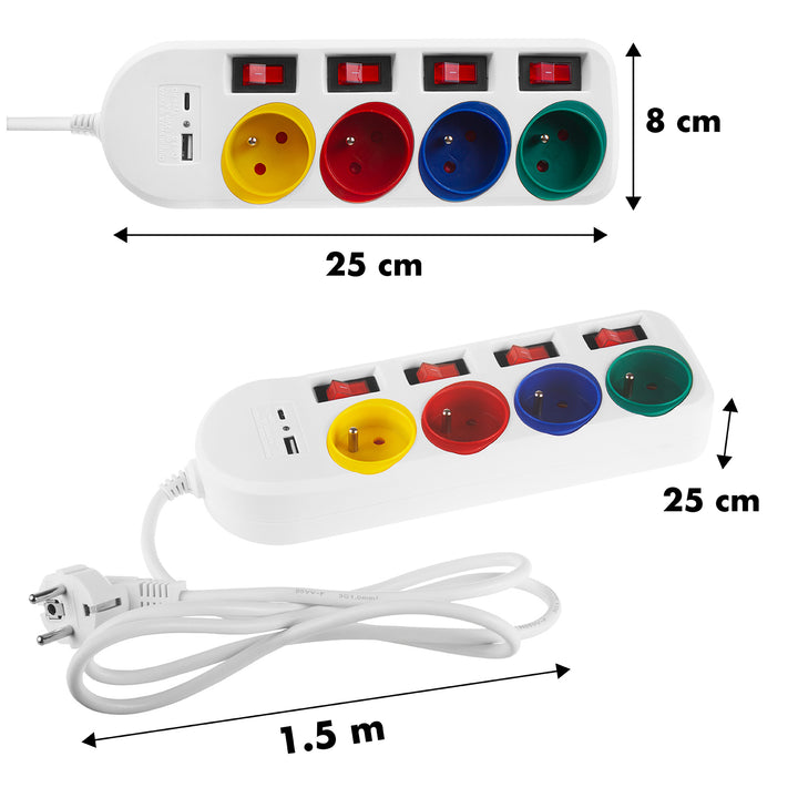 Maclean konnektor, 4 csatlakozós hosszabbító kábel + USB A/C, kapcsolókkal, 250VAC/10A, 1,5m, fehér, MCE508 W